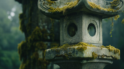 Close-up of Ancient Japanese Stone Lantern Covered in Green Moss in Misty Garden