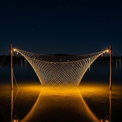 Fishing net suspended over water at night with illuminated lights