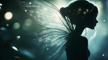 Silhouette of Fairy with Translucent Glistening Wings in Ethereal Moonlight