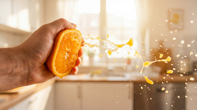 Orange juice squeeze splash slow motion beverage commercial close up fruit citrus healthy drink advertisement background copy space organic