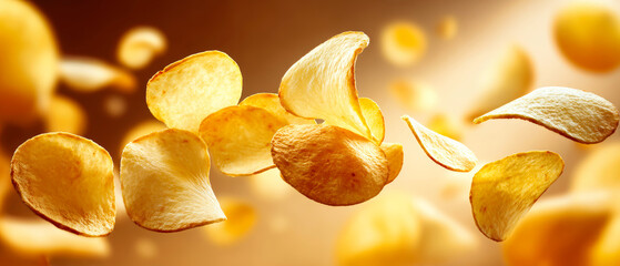 Slices of potato chips in mid-air demonstrate the production process with close-up detail and a smooth, shiny look against a blurred backdrop