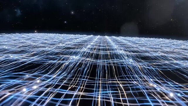 Thin glowing strings vibrate and intersect in dark cosmic space, forming a layered lattice representing the fundamental structure of matter.