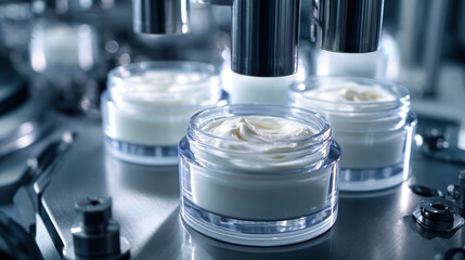 A factory shows the steps for creating face cream with filling machines and jars filled with thick white cream beneath