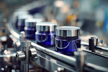 Cosmetic jars move down a stainless steel conveyor belt in a factory. Machines and containers are visible in the background, with soft lighting creating a clear view