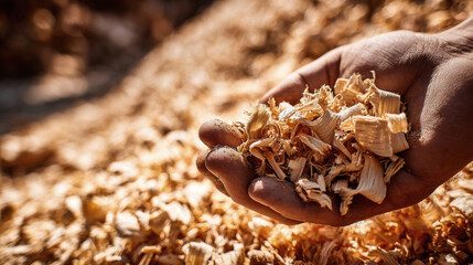 Warm colors and fine details come together as a hand holds curly wood shavings, surrounded by a lush pile of mulch, highlighting rustic beauty