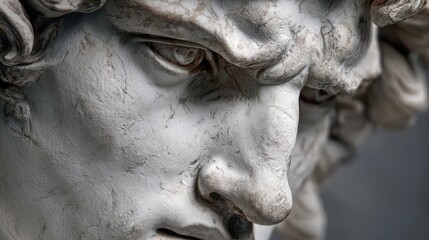 Close-up captures a detailed face of a sculpted marble figure, highlighting expression