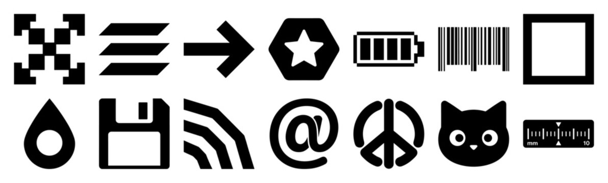 Minimalist Black Vector Icon Graphic Set of Diverse Functional Symbols for Interface and Digital Product Design
