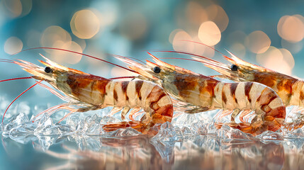 Large tiger prawns sit elegantly on a bed of ice under soft lighting, showcasing their texture and vibrant colors against a beautiful background