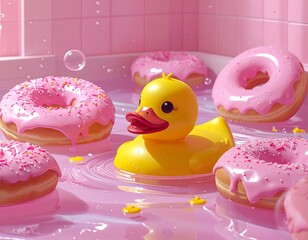 Rubber Duck and Donut Delight in Pink Bath.