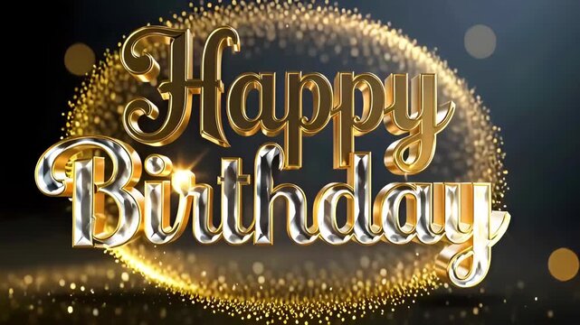 Festive greeting card with animated golden text "Happy Birthday" on dark background, sparkling particles and stars, animated digital greeting card concept for social media