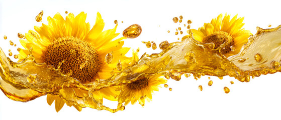 Sunflower oil splashes into the air with sunflower flowers and seeds in a dynamic arrangement. High-resolution shot suitable for various design needs
