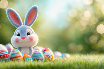 A cartoon Easter bunny plays on a green meadow surrounded by various colorful Easter eggs. The scene has light reflections and a bokeh effect