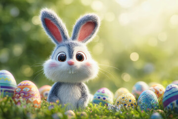 A cartoon bunny looks happily at colorful Easter eggs scattered on bright green grass. Sunlight creates a cheerful atmosphere, inviting celebration