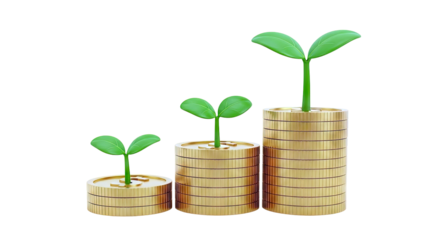 Growing Money: Seedlings Sprouting from Stacked Gold Coins