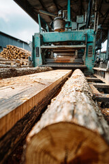 Sawmill debarking machine stands ready as unprocessed logs await their transformation into smooth, finished wood within a bustling woodworking shop atmosphere