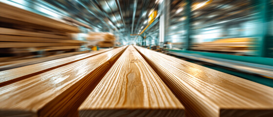 Industrial pine boards glide along a conveyor belt in a contemporary woodworking shop, illuminated by studio lighting and captured in striking detail