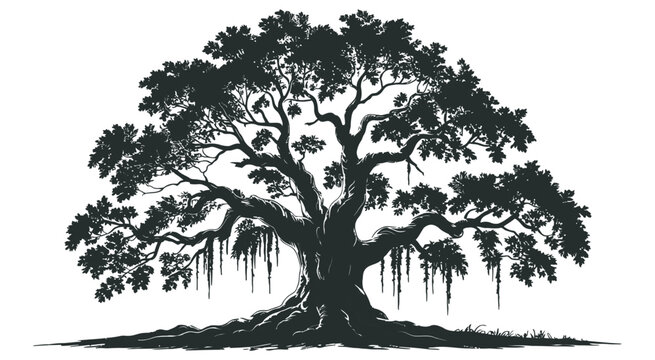 Majestic Live Oak Tree Silhouette, Southern Oak with Spanish Moss Hanging from Branches, Isolated on White Background, Vector Design for Nature Illustrations