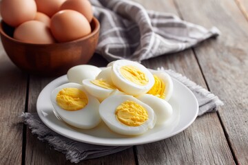 Peeled boiled eggs on a white dish Bowl of eggs Wooden surface Empty space Egg shell