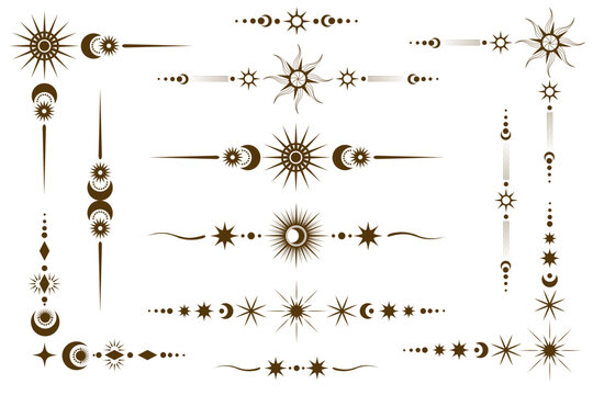 Frame and border with celestial stars. Magic vector ornament with moon and tarot elements. Simple elegant line pattern. Astrology divider and separator for design and decoration