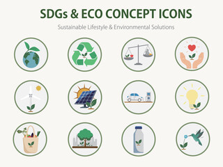 Fototapeta premium Sustainable lifestyle and green energy icons set template