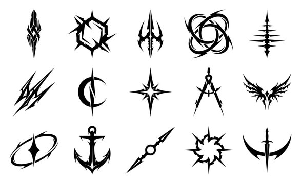 Aggressive Tribal Cyberpunk Sigils Graphic Asset Sheet for Dark Fantasy Game Interface and Tattoo Design
