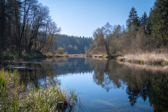 Nova Louka pond near Polanka nad Odrou in the Poodri Protected Landscape Area features trees and reeds mirrored on the water on a pleasant early spring day with a clear sky