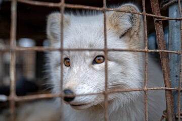 Obraz premium Polar fox breeding farm for high quality fur production Caged animal for fur coat creation