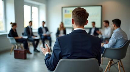 Business meeting in progress with a speaker addressing a group of professionals seated in a modern conference room