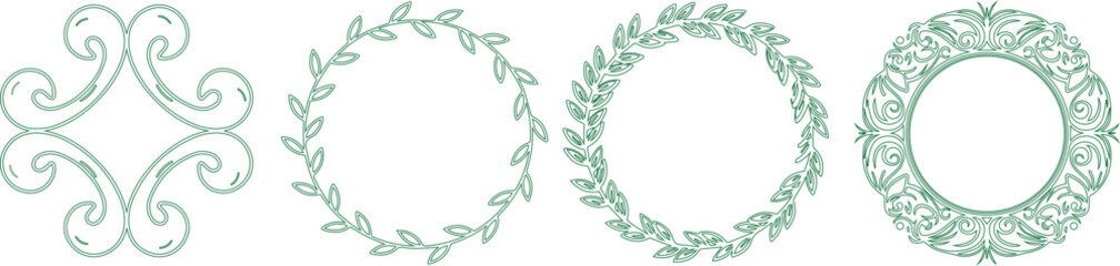 green floral border intricate circular frame, fanciful leaf and vine pattern, decorative swirling motif, elegant botanical design