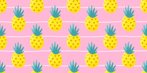 Seamless cute pineapple pattern with bright yellow fruit and soft gingham texture. Designed for nursery fabrics, kids wallpaper, and cheerful summer packaging