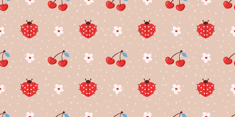 Seamless cute ladybug pattern with red beetles, cherry, flowers, and soft heart accents. Designed for baby fabrics, spring pajamas, and sweet Valentine or birthday prints © alia.kurianova