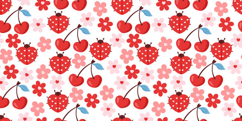 Seamless cute ladybug pattern with red beetles, flowers, cherry and tiny hearts. Designed for baby fabrics, spring pajamas, and sweet Valentine or birthday prints © alia.kurianova
