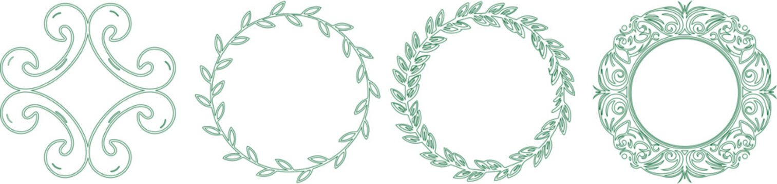 green floral border intricate circular frame, fanciful leaf and vine pattern, decorative swirling motif, elegant botanical design