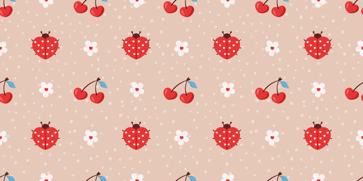 Seamless cute ladybug pattern with red beetles, cherry, flowers, and soft heart accents. Designed for baby fabrics, spring pajamas, and sweet Valentine or birthday prints