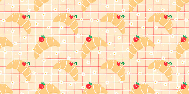 Seamless kawaii croissant pattern with cute strawberries, cherries, tiny flower and soft gingham. Designed for bakery packaging, kids textiles, and charming breakfast-themed backgrounds