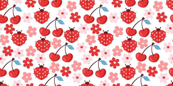 Seamless cute ladybug pattern with red beetles, flowers, cherry and tiny hearts. Designed for baby fabrics, spring pajamas, and sweet Valentine or birthday prints