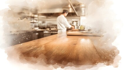 Warm kitchen watercolor illustration chef cooking tabletop food photography commercial stock image design