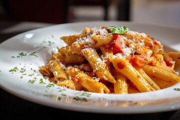 Penne pasta Napoli a classic Italian dish with chili tomato and parmesan sauce served on a white or black plate in a restaurant