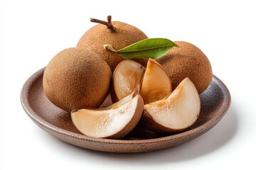 Peeled and quartered sapodilla fruit on a brown ceramic plate sweet taste set against a white background