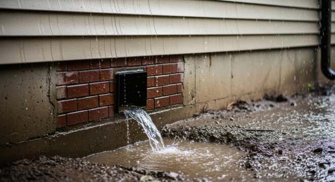 Water runoff from drainpipe creating muddy puddle next to house foundation.
