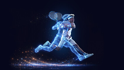 Futuristic digital anatomy of male tennis athlete with synthetic muscle fibers and glowing neural network for bio-hacking and cyber security concept