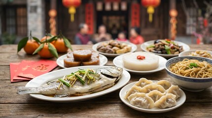 Celebration feast featuring cooked fish, dumplings, vegetables, and fruit set in a traditional setting with guests in the background during a festive occasion Generative AI