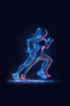 Futuristic digital anatomy of female runner athlete with synthetic muscle fibers and glowing neural network for bio-hacking and cyber security concept