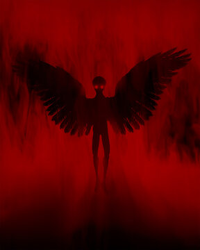 The Mothman cryptid depicted as a mysterious figure with glowing red eyes amidst a smoky foggy scene