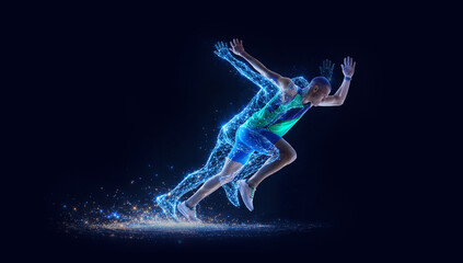 Sprinter athlete accelerating with digital energy trail on dark background. Concept of speed training, performance analytics, sports technology, wearable innovation and futuristic advertising visuals.