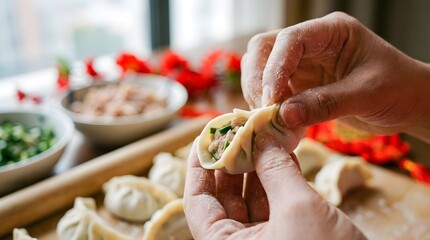 Hands folding dumplings in a kitchen with fresh ingredients and flowers around during a cooking session Generative AI