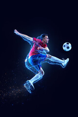 Soccer player kicking ball with glowing digital motion effect. Concept of football performance, smart training systems, match analytics, data driven coaching and modern competition visuals. © Lustre Art Group 