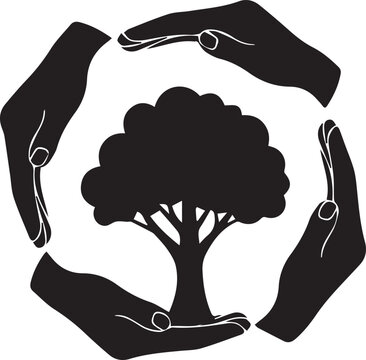 Hands surrounding protected tree silhouette illustrating environmental care vector line art illustration