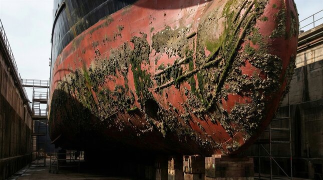 Massive ship hull covered in marine biofouling sitting on blocks in drydock