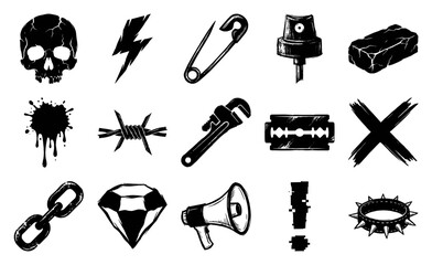 Fototapeta premium Grungy Hand-Drawn Punk Underground Element Kit for Alternative Streetwear and Edgy Graphic Design Assets